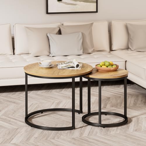 Smuxee Nesting Coffee Table Set of 2, 23.6" Round Coffee Table Brown Wood with Adjustable Non-Slip Feet, Industrial End Table Side Tables for Living Room Bedroom Balcony Yard - color: Brown, size: 23.6"W