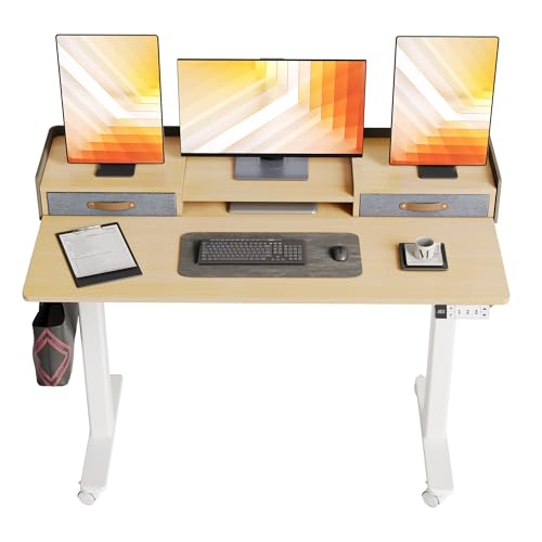 Claiks Standing Desk with Drawers & Wheels, 2 Height Shelf 55" Natural | 2 height adjust shelf, tabletop drawers, felt fence design, sturdy supports 176 lbs, 4 wheels, 2 tire monitor stand - color: Nature, size: 55.1×23.6