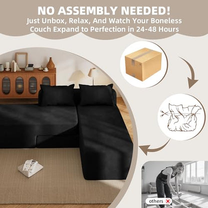 Boneless Sectional Couch, 4 in 1 Convertible Cloud Couch with Reversible Chaise & Deep Seat, Modular Sectional Sofa for Apartment, No Assembly Chenille Foam Couch in a Box, Black - color: Black, size: 89" Convertible Chaise Chenille