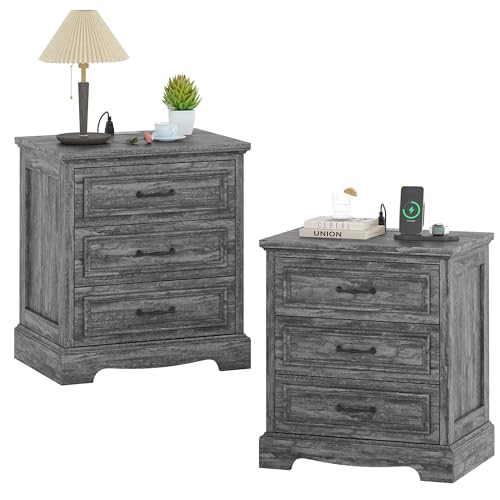 Farmhouse Nightstand Set of 2 with Charging Station & 3 Drawers, Dark Gray | 21.7" W End Table for Bedroom, Wood Modern Bedside Cabinet for Living Room, Dresser for Small Place, 2pcs - color: Dark Gray, size: 3 Drawers
