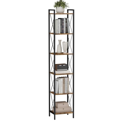 Homhedy 6 Tier Small Bookshelf, Tall Narrow Bookcase, Metal Book Shelf | Industrial Style for Small Spaces, Home, Office, Living Room, Kitchen, Bedroom , 10.4" D x 13" W x 67.4" H, Rustic Brown - color: Rustic Brown, size: 10.4"D x 13"W x 67.4"H