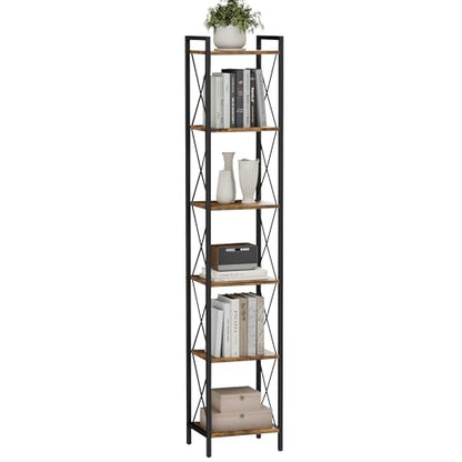 Homhedy 6 Tier Small Bookshelf, Tall Narrow Bookcase, Metal Book Shelf | Industrial Style for Small Spaces, Home, Office, Living Room, Kitchen, Bedroom , 10.4" D x 13" W x 67.4" H, Rustic Brown - color: Rustic Brown, size: 10.4"D x 13"W x 67.4"H