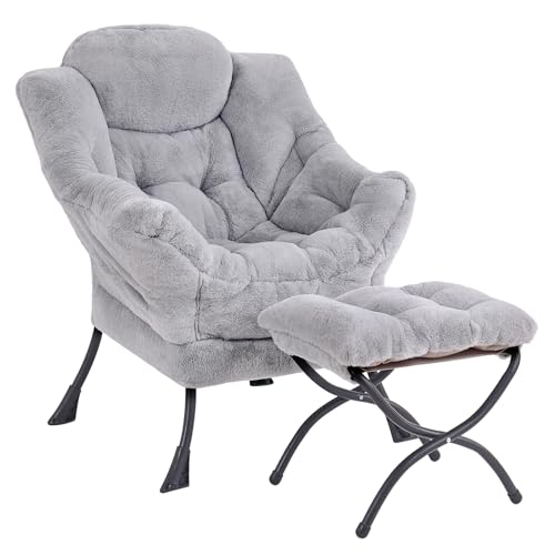 Modern Lazy Chair with Ottoman Lounge Accent Reading Chair for Living Room | Foldable Footstool,Removable Cover,with Armrests & Side Pockets,Upholstered Lounge Chair for Bedroom,Dorm,Office,Small Space - color: Plush Grey