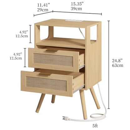 Rattan Nightstand with Charging Station,Farmhouse Bedside Table with 2 Storage Drawer and Open Wood Shelf, for Bedroom and Small Spaces,Night Stand with Solid Wood Legs (Yellow Oak-Outlet) - color: Yellow Oak-outlet
