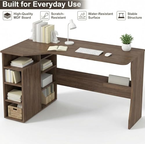 Garvee L Shaped Desk with Storage Shelves, Small Corner Desk for Small Spaces, Corner Table with 3 Tier Shelves, Home Office, Writing Study Gaming Desk, Walnut Wood