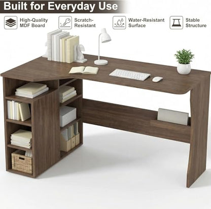 Garvee L Shaped Desk with Storage Shelves, Small Corner Desk for Small Spaces, Corner Table with 3 Tier Shelves, Home Office, Writing Study Gaming Desk, Walnut Wood