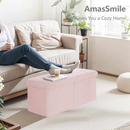 AmasSmile Ottoman Storage Bench,34" Teddy Velvet Folding Chest,Pink | Large Ottoman with Storage,Thicker Foam Padded Seat,Livingroom,Dorm,Bedroom,Entryway,Easy to install,34 x 13 x 13in - color: Pink-teddy Velvet