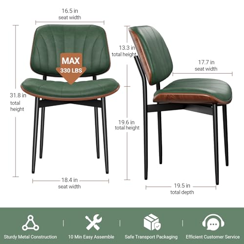 Dining Chairs Set of 2, Mid-Century Modern Upholstered PU Leather Chairs | with Walnut Bentwood Back and Metal Legs Adjustable Feet for Kitchen Dining Room, Dark Green Shell Strips - color: Dark Green Shell Strips