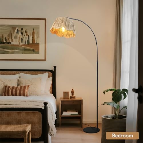 Boho Rattan Floor Lamps for Living Room,Arc Floor Lamp with Hand Woven Shade,70'' Tall Lamp with Black Metal Stand,Foot Switch,Farmhouse Standing Lamp for Bedroom,Over Couch Reading Light,Nursery