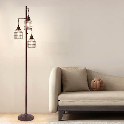9MMML Floor Lamp for Living Room, Farmhouse Industrial Dimmable Floor lamp, 3 Lights Metal Cage Tree Standing Lamp,68", 3Pcs LED Bulbs Included - color: Oil Rubbed Bronze B