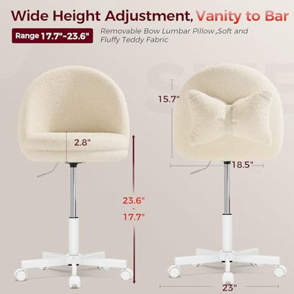GTPLAYER Velvet Tall Office Chair with Wheels Vanity Chairs with Back, Versatile Height Use: Office to Bar Stools Small Ergonomic Comfy Armlees Computer Desk Chair with Bow Lumbar Pillow for Gift - color: Tv-cream