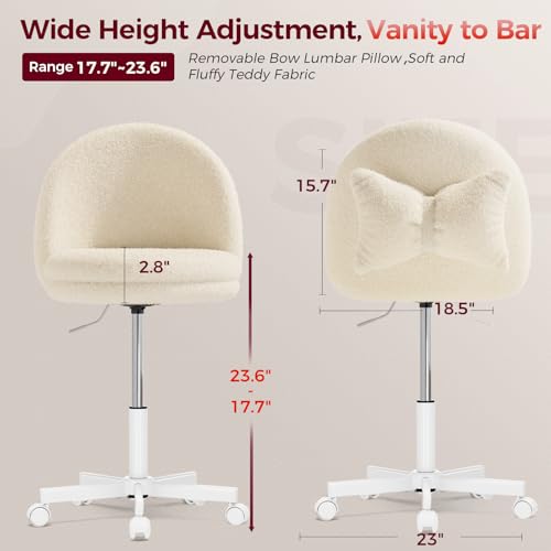 GTPLAYER Velvet Tall Office Chair with Wheels Vanity Chairs with Back, Versatile Height Use: Office to Bar Stools Small Ergonomic Comfy Armlees Computer Desk Chair with Bow Lumbar Pillow for Gift - color: Tv-cream
