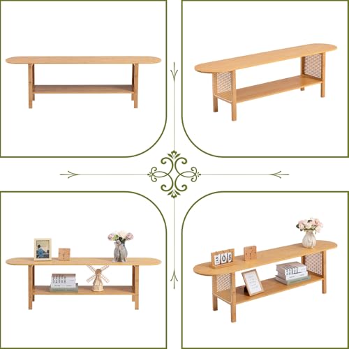 HollyHOME Bamboo TV Stand with Storage for TVs up to 65", Modern Entertainment Center with Rattan Side, Accent TV Table with 2 Shelf, Media Console TV Stand for Living Room, Bedroom, Burlywood - color: Rattan Side