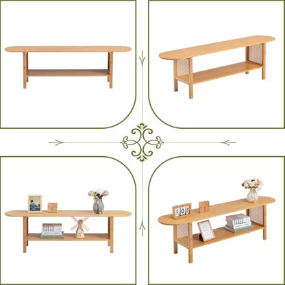 HollyHOME Bamboo TV Stand with Storage for TVs up to 65", Modern Entertainment Center with Rattan Side, Accent TV Table with 2 Shelf, Media Console TV Stand for Living Room, Bedroom, Burlywood - color: Rattan Side