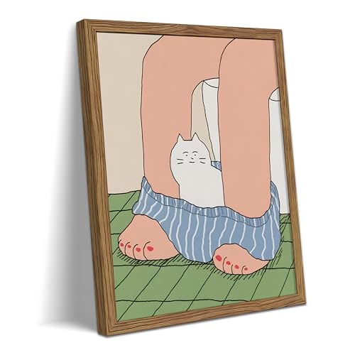 Funny Bathroom Cat Wall Art Canvas Framed Poster Painting Print Picture, Cute Cat in Pants Cartoon Illustration, Humorous Toilet Bathroom Decor Artwork for Living Room Restroom Home Decoration 8x10 Inch - color: A-Cat, size: 10"L x 8"W