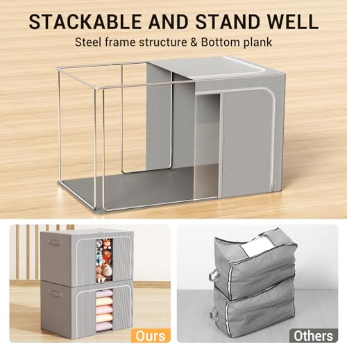 Clothes Storage Bins with Metal Frame Foldable Storage Box Clothes Organizers Storage Containers for Clothes Sheets Blankets Books Toys Gifts and Holiday Decorations (100Lx3 Pack) - color: Light gray, size: 100L(23.6''X16.5"X15.7")