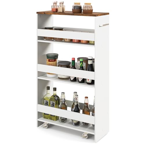 GIANTEX 4-Tier Rolling Slim Storage Cart, 8" Narrow Slide Out Kitchen Cart | Space-Saving Compact Mobile Utility Trolley with Handle & Open Shelves for Small Space, Laundry Room (White & Natural) - color: White & Natural, size: 8"W