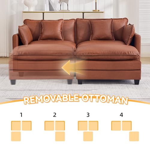 76'' Cloud Deep Seat Loveseat Sofa, Upholstered Leather Modular 2-Seats Sectional Sofa Couch with Movable Ottoman, Modern Comfy Settee Loveseat for Living Room Set, Small Apartment,Leather Brown - color: Pu-dark Brown, size: 76'' L Shape