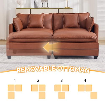 76'' Cloud Deep Seat Loveseat Sofa, Upholstered Leather Modular 2-Seats Sectional Sofa Couch with Movable Ottoman, Modern Comfy Settee Loveseat for Living Room Set, Small Apartment,Leather Brown - color: Pu-dark Brown, size: 76'' L Shape