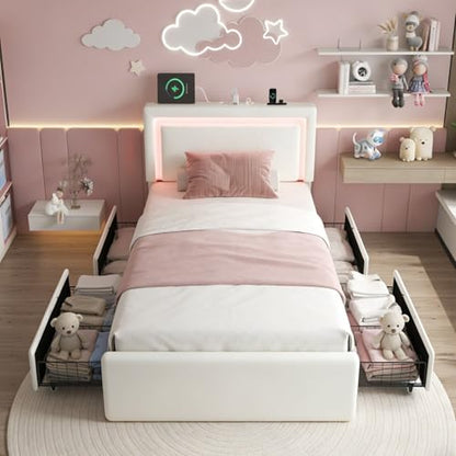 Twin Size Bed Frame with 4 Storage Drawers, Upholstered Headboard, White | Modern Bed, Charging Station, LED Light, Adjustable Height Headboard, Noise-Free, No Box Spring Needed, Easy Assembly - color: White, size: Twin