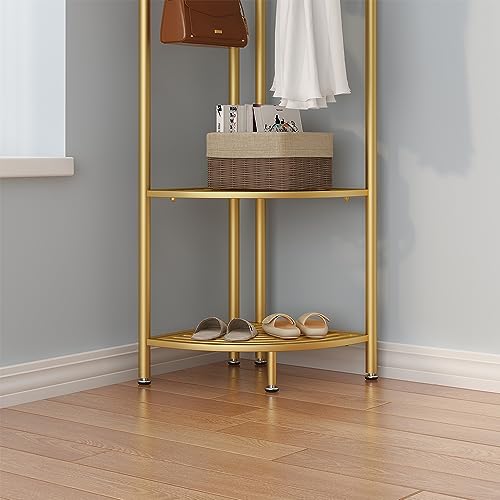 Metal Corner Coat Racks, Gold Clothing Racks Hall Tree, Freestanding Garment Rack with Hooks and Storage Shelf for Hallway, Entryway, Bedroom, Living Room, Office(Gold)