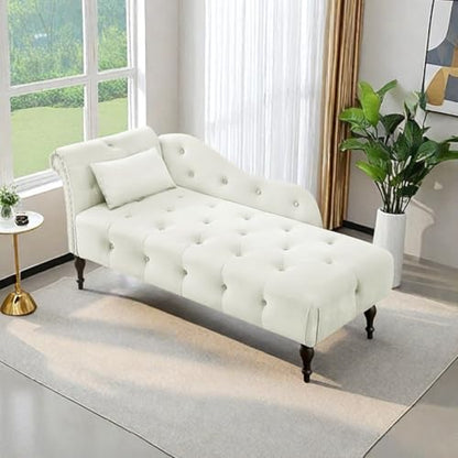 60" Modern Velvet Chaise Lounge Indoor,Upholstered Lounge Chair with Left Armrest and Lumbar Pillow, Button Tufted Lounge Sofa for Living Room Bedroom Office,Mini Chaise Longue Sofa (White) - color: White