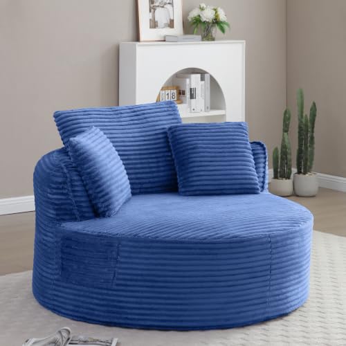 KEIKI 53.5" Oversized Round Chair, Large Barrel Chairs, Upholstered Accent Corduroy Single Sofa Armchair for Living Room, Lounge, Blue - color: Blue