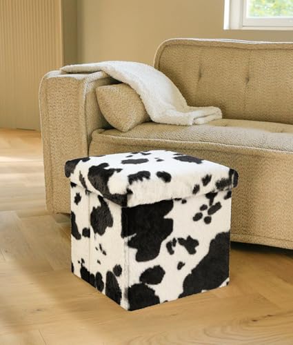 Luxe Faux Fur Storage Ottoman, Cowhide Black/White, 12 x 12 x 12 in | Engineered Wood, Tool-Free Assembly, Modern Style, Seat And Footrest - color: Cowhide Black/White, size: 12"D x 12"W x 12"H
