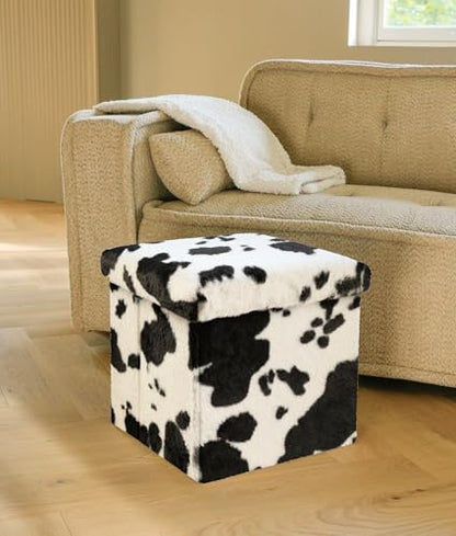 Luxe Faux Fur Storage Ottoman, Cowhide Black/White, 12 x 12 x 12 in | Engineered Wood, Tool-Free Assembly, Modern Style, Seat And Footrest - color: Cowhide Black/White, size: 12"D x 12"W x 12"H