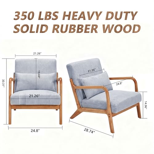 Mid Century Modern Accent Chair with Solid Rubberwood Frame, Comfy Corduroy Reading Armchair with Lumbar Pillow, Compact Lounge Chair for Bedroom, Nursery & Small Spaces, Light Grey - color: Dove Grey (Corduroy + Rubberwood), size: 1-Piece