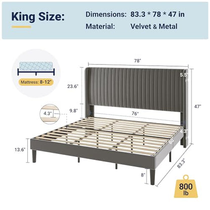 Allewie King Size Velvet Bed Frame/Vertical Channel Tufted Wingback Headboard/Upholstered Platform Bed/No Box Spring Needed/Strong Wooden Slats/Easy Assembly/Grey - color: Grey, size: King