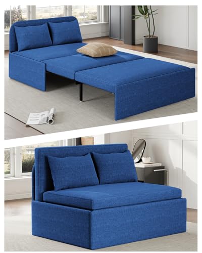 43.3" Twin Size Pull Out Sofa Bed，3-in-1 Linen Convertible Sleeper Sofa Bed,Loveseat Pullout Bed with Pillows and Tri-fold Mattress for Small Space/Bedroom,Dark Blue - color: Dark Blue, size: Twin