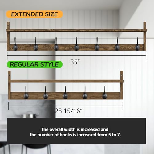 BAMEOS 35" L Wooden Coat Rack Wall Mount, Large Wall Coat Hooks with Shelf, Wall Hanging Shelf with 7 Dual Metal Hooks for Entryway, Bathroom, Kitchen, Living Room, Bedroom - style: Brown-35IN with shelf