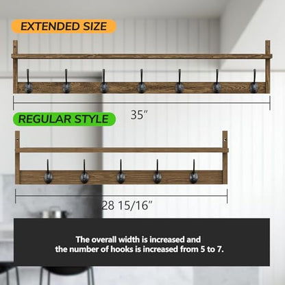 BAMEOS 35" L Wooden Coat Rack Wall Mount, Large Wall Coat Hooks with Shelf, Wall Hanging Shelf with 7 Dual Metal Hooks for Entryway, Bathroom, Kitchen, Living Room, Bedroom - style: Brown-35IN with shelf