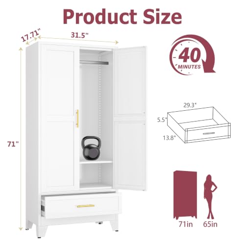 GAIOUS Metal Armoire Wardrobe Closet Cabinet with 2 Doors and Drawer, 71" | Household Wardrobe Cabinet with Hanging Rod, Clothing Storage Cabinet with Adjustable Shelf for Bedroom Cloak Room Gym White - color: 1 Drawer White, size: 17.71"D x 31.5"W x 71"H