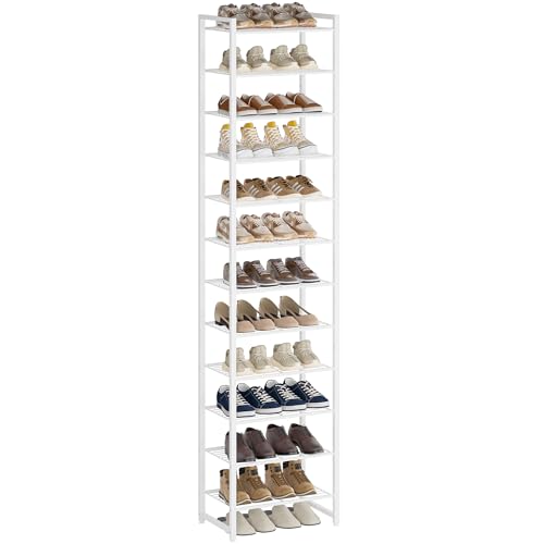 Nunsino Narrow Shoe Rack, 12-Tier Metal Shoe Organizer,Tall Shoe Shelf with Anti-Tip Strap, Max Holds 24 Pairs,Space Saving for Closet,Entryway,White - color: White, size: 12 Tier