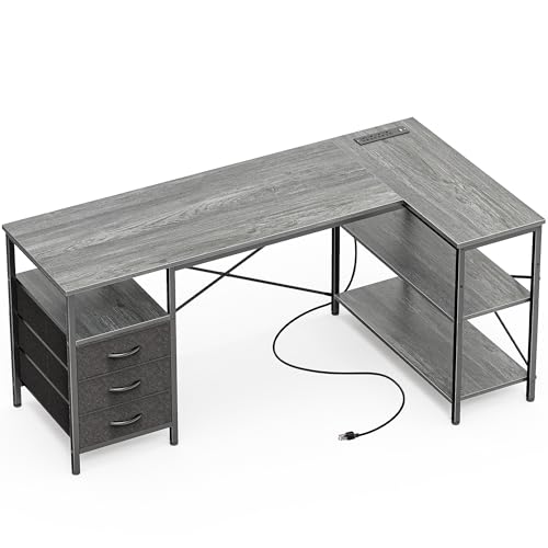 Huuger L Shaped Office Desk with Power Outlets & 3 Drawers | 55 Inch Computer Desk with Shelves, Reverisble for Gaming Corner Work Home Office Study, Grey - color: Grey, size: 55inch