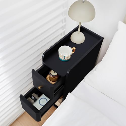 Narrow Nightstand Set of 2, Wooden Small 2 Drawer Nightstand, Slim Side End Table, Skinny Bedside Table, Mid Century Modern Night Stand with Drawers for Bedroom (Black-1 pc) - color: Black-1 Pc