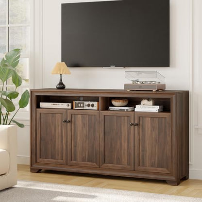 60 Inches Sideboard Buffet Cabinet with Storage and 4 Doors, Brown | Large Sideboard Kitchen Cabinet with Open Shelf & Adjustable Shelf, Kitchen Coffee Bar Console Table for Living Room, Hallway - color: Brown