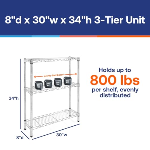 Shelving Inc. 8" d x 30" w x 34" h Chrome Wire Shelving with 3 Tier Shelves | Weight Capacity 800lbs Per Shelf, Durable Kitchen and Garage Storage Shelves, Adjustable Shelf Organizer Storage Rack - size: 8" d x 30" w x 34" h