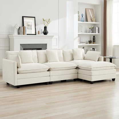 111'' Sectional Cloud Deep Seat Couch, Modern Comfy Chenille L Shaped Sectional Sofa for Living Room Set, Upholstered Modular 4-Seats Sofa Couch with Movable Ottoman, Beige - color: Beige, size: 111'' L Shape
