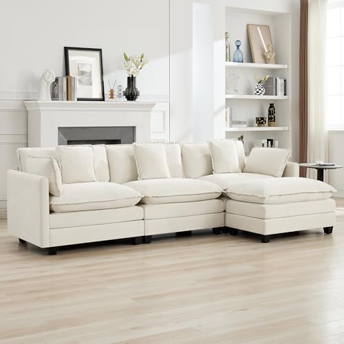 111'' Sectional Cloud Deep Seat Couch, Modern Comfy Chenille L Shaped Sectional Sofa for Living Room Set, Upholstered Modular 4-Seats Sofa Couch with Movable Ottoman, Beige - color: Beige, size: 111'' L Shape