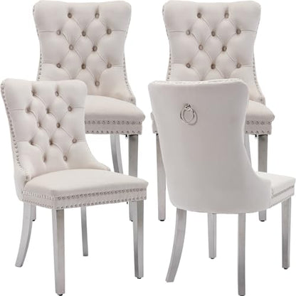 Beige Velvet Dining Chairs Set of 4, Tufted Kitchen & Dining Room Chairs | Four Fabric Dinning Chairs, Velvet Upholstered, Wing Back, Metal Pull Ring, Chrome Legs, Wood Frame, Mid Century Modern - color: A-3 Beige Velvet, Silver Legs, size: 4
