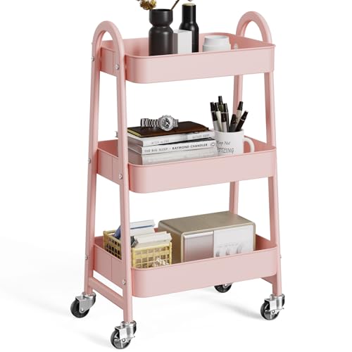 OLIXIS Metal 3 Tiers Rolling Storage Utility Cart with Lockable Wheels | Mobile Organizer Shelf, Space-Saving, Freestanding, Bathroom, Living Room, Slim, Narrow Corner Spaces, Pink - color: 3-tiered Pink, size: 3-Tiered 17 inches