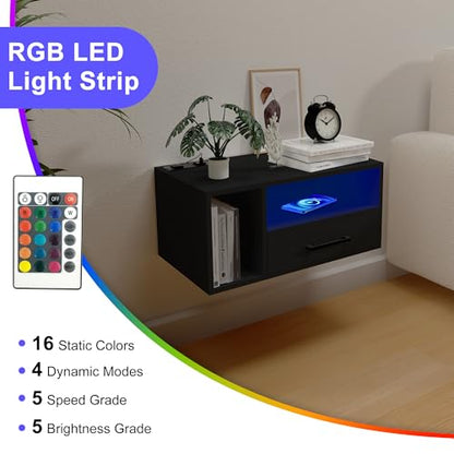 Floating Nightstand with Charging Station & Lights, Black | Floating Bedside Table with Drawers Wall Mounted Nightstands,for Bedroom Room, 21.3" x 11.8" x 10" - color: Black