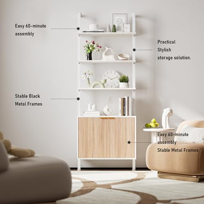 74" Tall Bookshelf with Storage Cabinet, Modern Ladder Shelf with Wood and Metal Frame, Wall Mount Bookcase Open Display Shelf Furniture for Living Room, Bedroom, Home Office, White and Oak - color: White & Oak