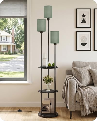 Floor Lamp with Shelves, Modern Floor Lamp with 3 Linen Shades and Foot Switch, 3-Light Standing Lamp, for Living Room, Bedroom, Study, Office, Black and Green J53LD05 - color: Black + Green