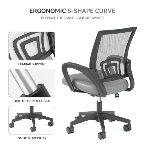 Office Chair, Ergonomic Mid-Back Mesh Desk Chair, Light Gray | Lumbar Support, Adjustable Height, Rolling Wheels, Comfy Armrest, For Work, Study, Gaming - color: Light Gray