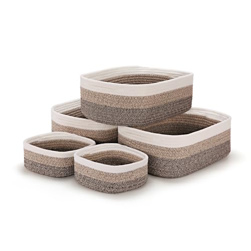 5-Pack Large Woven Rope Storage Baskets, 2 Sizes Organizer Bins | Fabric Cube Boxes and Rectangular Shallow Bins for Closet, Shelf, Bookshelf, Nursery, Changing Table, Bathroom, Toys & Home - color: gradient brown, size: 3pcs-14.96*11.02*5.11'' & 2pcs-7.0