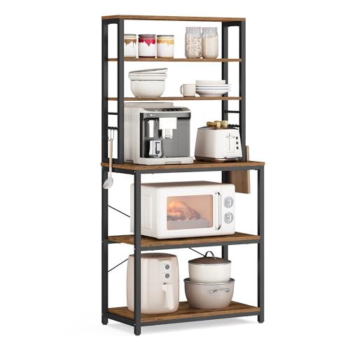 VASAGLE Coffee Bar, 23.6 Inches 6-Tier Baker's Rack with 6 Hooks | Modern Basic Microwave Stand, 23.6 x 15.7 x 65.7 Inches, Rustic Brown and Ink Black, BARNET Collection UKKS024B01 - color: Rustic Brown + Ink Black, size: 23.6"W, style: No Power Outlet